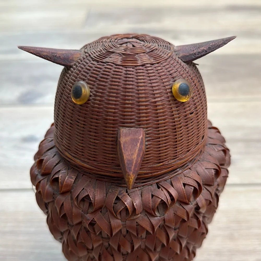 Vintage Owl Basket Jar Figural Wicker Owl Boho‎ Woodland Cottagecore Cabin
